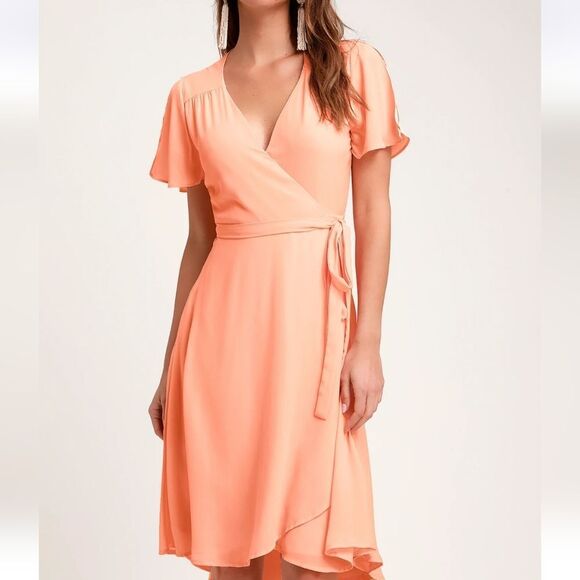 Lulu's Small Peach Rise to the Occasion Midi Wrap Dress - Picture 1 of 11